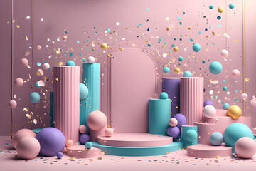 A festive award podium stage with a minimalistic background adorned with colorful balls, 3D ribbons, and confetti. Perfect for a celebratory party.