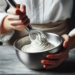 133 38. Close-up of a person whipping cream by hand in a metal b