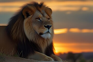 A regal lion basking in the warm rays of sunrise, his mane blowing gently in the morning breeze