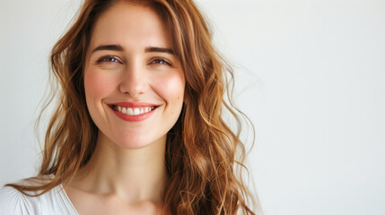 Fototapeta premium A joyful woman in her 30s beams with happiness, her peaceful expression radiating contentment. She is isolated on the left side of the frame against a white background. 