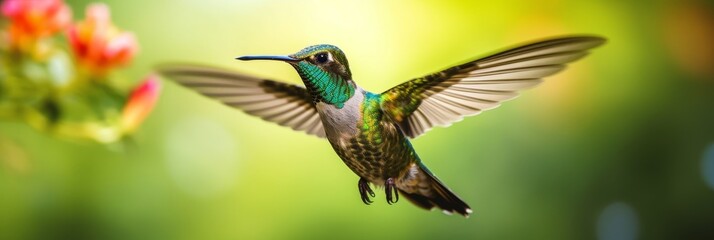 Obraz premium Colorful hummingbird in flight against blurred nature background