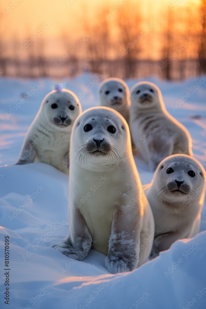 Sticker Adorable baby seals sitting on snow