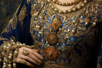Ornate golden and blue embroidered dress with pearls and flowers