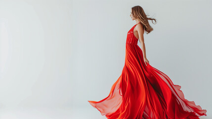 A successful woman exudes confidence in an elegant and expensive dress, commanding attention with her poised demeanor. She stands against a pristine white studio background.

