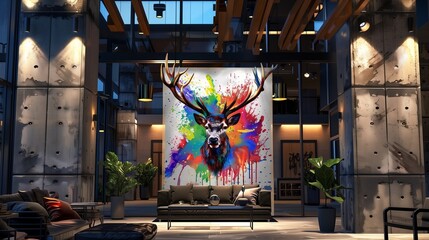 A vibrant watercolor splash art of a majestic stag, its antlers a crown of nature, standing proud...