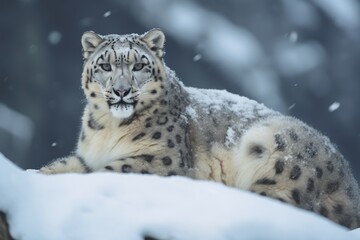 Fototapeta premium Majestic snow leopard in winter landscape