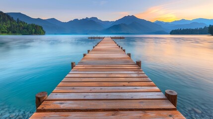 Fototapeta premium A long wooden dock reaches into a body of water, framed by mountains in the background and the water's reflection in the foreground