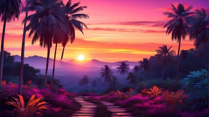Hiking trail in a tropical forest, with an orange sunset and a vivid neon nature with purple palm trees. An active lifestyle that includes hiking through the forest and working out outside among pink 