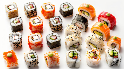 Set of many different sushi rolls isolated on white