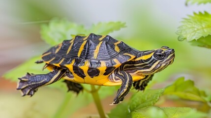 Obraz premium A tiny yellow-black turtle atop a verdant, leafy plant with water beading on its surface