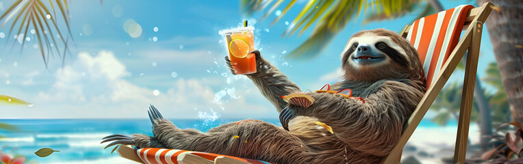 A lazy sloth wearing a Hawaiian shirt and sunglasses lounging in a hammock with an ice cream cone...