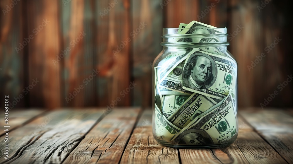 Poster stacked us currency in transparent jar against rustic timber surface - conceptual representation of 