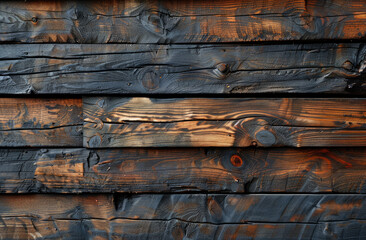 A close up texture photo of a dark wood wall with horizontal planks that is old and weathered with a dark grunge and rustic style. Created with Ai