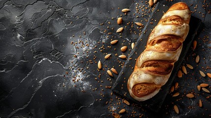 Artistic arrangement of twisted bread and scattered grains on a textured black surface