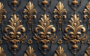 3D wallpaper stretch ceiling decoration patterns in the style of baroque, dark blue and gold color combination pattern background texture seamless high definition. Created with Ai