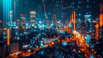Financial growth and urban development: candlestick chart overlay with stock market indicators and metropolitan skyline - a conceptual representation of trading, investment, and economic progress