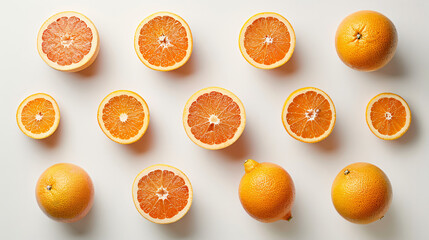 Set of ripe grapefruits on white background top view -