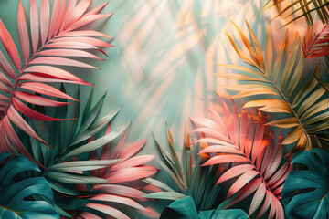  Tropical leaves background with copy space in pink and teal colors. Exotic foliage frame design for summer vacation. Created with Ai