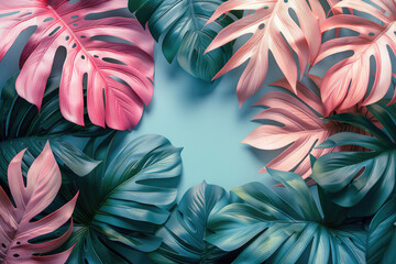  Tropical leaves in pink and teal on a pastel background with copy space, flat lay banner for a summer vacation concept. Created with Ai