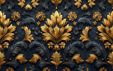 3D render of a beautiful dark blue and gold floral pattern with acanthus leaves in the style of an oriental design. Created with Ai