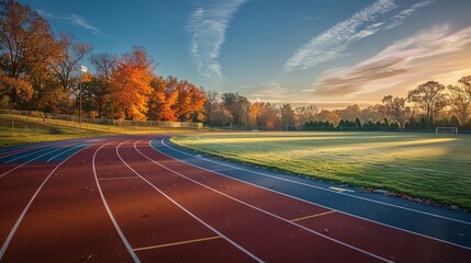 Early morning view of a deserted sports track, focusing on the red lanes as they bend around a scenic soccer field.