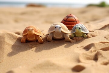 Cute turtle figurines on sandy beach