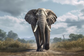 Majestic elephant walking on dirt path in african savanna
