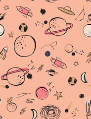 Hand Sketched Space Conversational Stars Moon seamless pattern kids baby toddler apparel vector artwork
