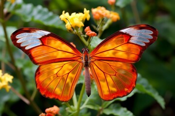 Vibrant orange butterfly on yellow flowers