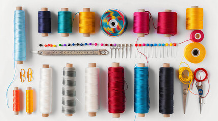 Set of sewing threads and accessories on white background