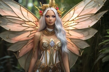 Fototapeta premium Mystical fairy with golden wings and crown