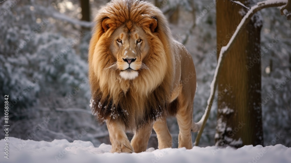 Wall mural majestic lion in snowy forest