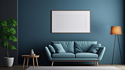 Modern Living Room Decoration with Picture Frame Mockup on Blue Wall, Sofa, Chair, Pillows, Lamp, House Plant, Interior Design