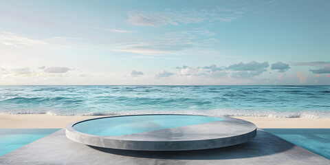 Glass transparent podium against the backdrop of a sea landscape. Podium, stage for product presentation. 