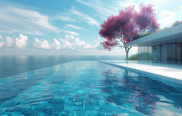 Beautiful infinity pool, modern house in the style of the sea with a beautiful tree in front of it. Created with Ai