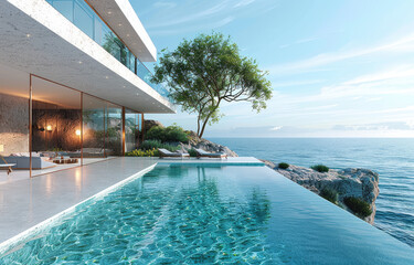  3d rendering of infinity pool, villa with panoramic view to the sea and forest, clear sky. Created with Ai