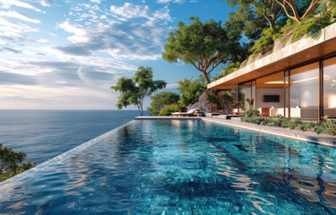 Modern infinity pool with blue water overlooking the ocean, large modern mansion in thailand, plants and trees around it. Created with Ai