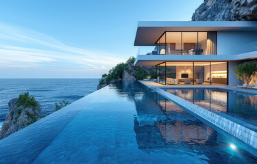 Modern villa with swimming pool, exterior design, large glass windows and open living room space. Created with Ai