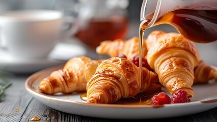 Croffle Delight: Maple Syrup Drizzle with Tea in the Background. Concept Food Photography, Croffle Recipe, Maple Syrup Drizzle, Tea Pairing, Culinary Delight