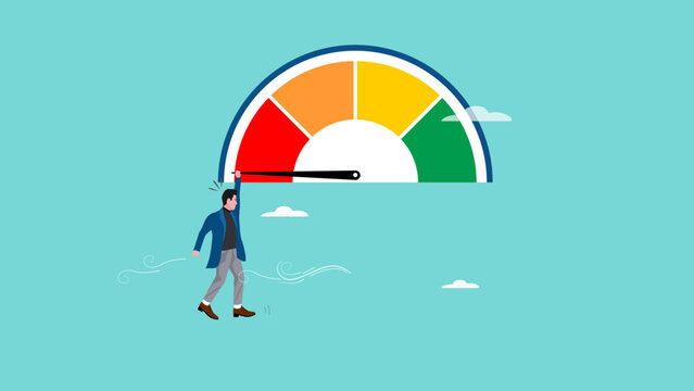 poor performance employee with panic office worker hanging on the needle measuring low performance, bad rating evaluation, laziness in improving the quality of performance