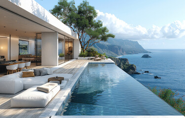 Modern house with infinity pool, on the cliff by the sea in the style of French Riviera. Created with Ai