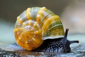 Luminous snail with colorful shell gliding on misty surface