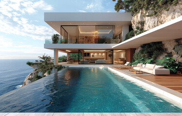 Modern villa with infinity pool on the cliff, overlooking the sea and forest landscape. Created with Ai