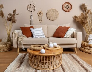 The stylish boho composition at living room interior with design beige sofa, coffee table, wicker baskets and elegant personal accessories. Brown and white pillows and plaid Cozy apartment.