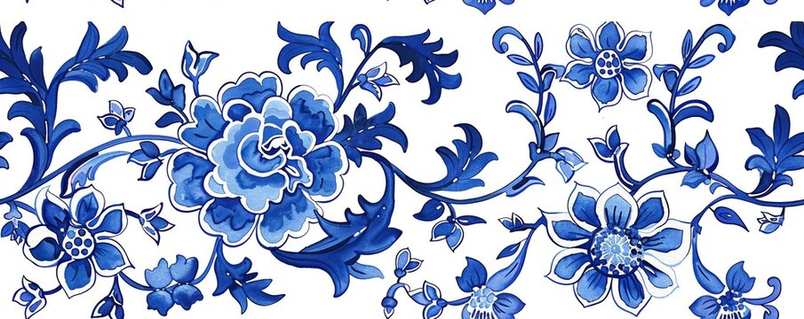 Watercolor Seamless pattern with blue and white
