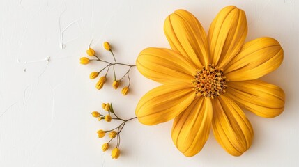   A yellow flower atop a white table Nearby, a cluster of similar flowers on another white table
