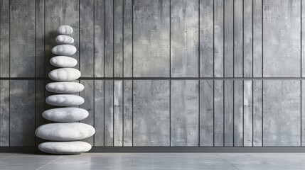   A stack of white rocks in front of a wooden wall Behind it, another wooden wall with slats