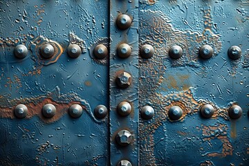 Detailed metal plate with visible bolts, scratches in industrial close-up under cold blue tone lighting