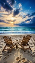 Beach chairs on sandy shore at sunset