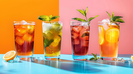 Set of tasty cold ice tea on color background